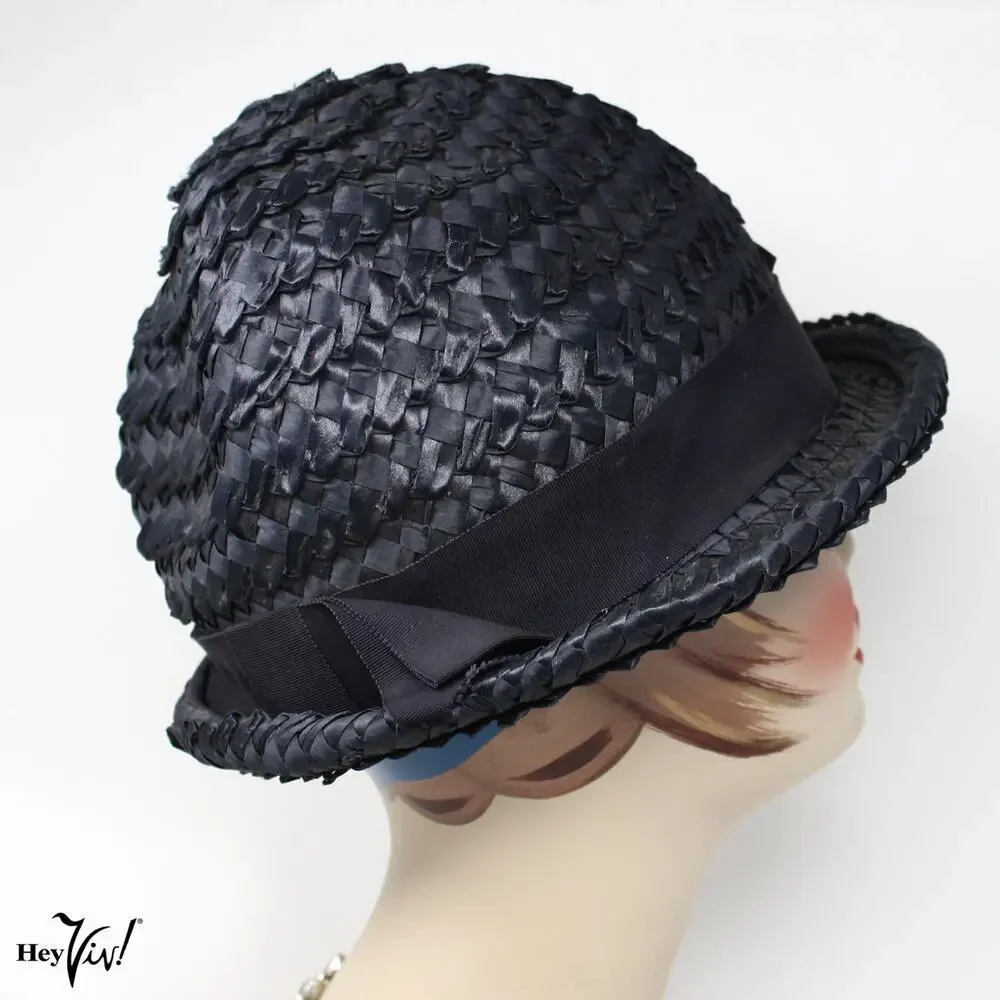 Vintage Black Woven Straw Hat Neiman Marcus with Rhinestone Bow Detail –Hey Viv